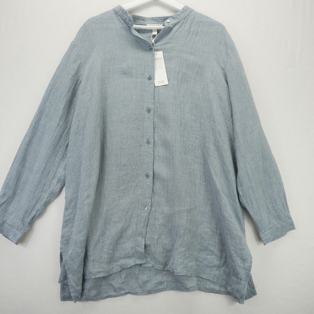 Eileen Fisher Organic Linen Mandarin Collar Tunic Top Blue Large NEW - Picture 2 of 9